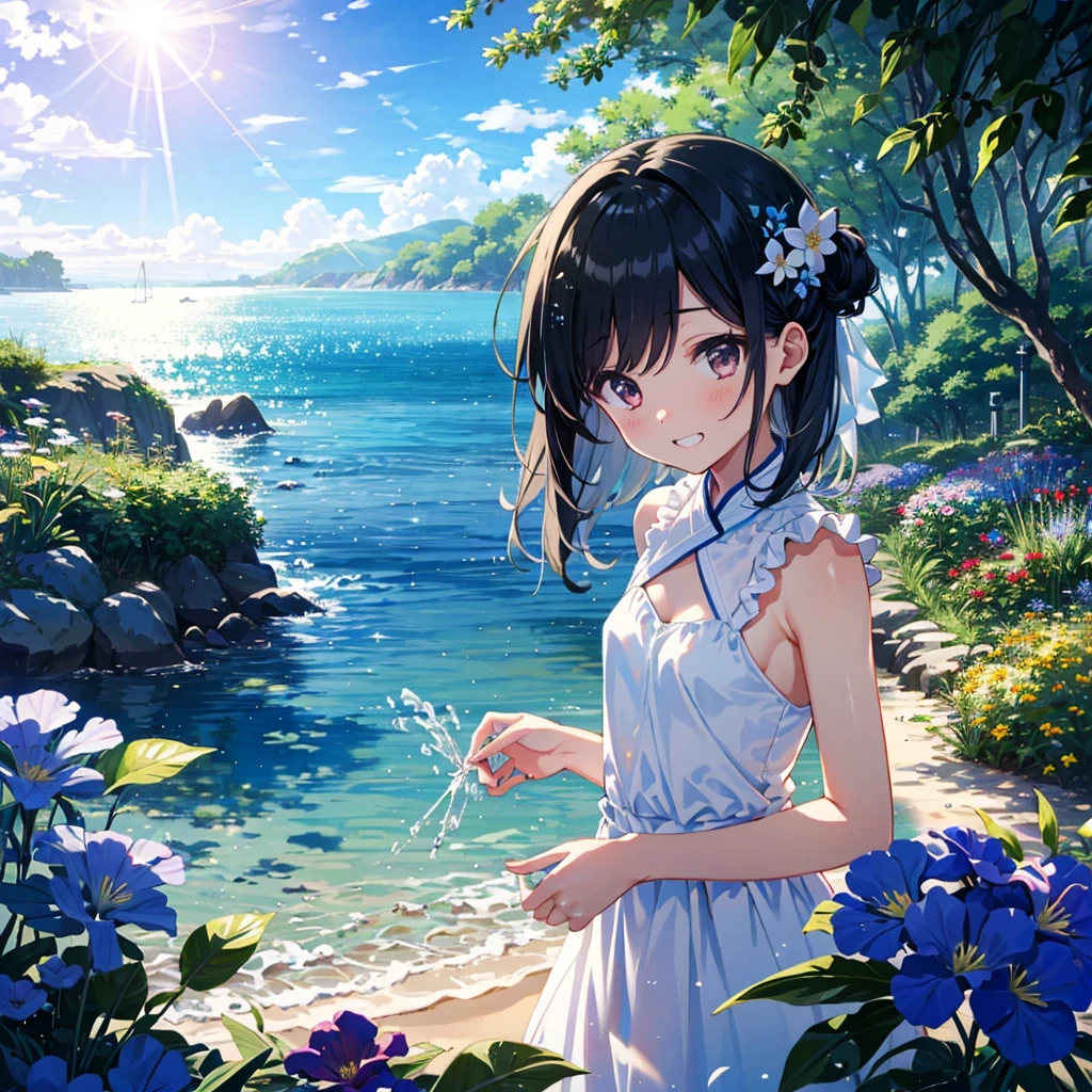Adopted, colorful, very aesthetic, absurdes, masterpiece, top quality, Temporary, very delicate, high fantasy theme, , bionde, long hair, small breasts, hair ornament, Outdoors, Refreshing, Tyndall phenomenon, Lens flare, Movie shadow, Depth of field, Morning dew, Looking from the side, Cute, Wonderful, Beautiful, Dynamic angle, 1 girl, 7 years old, (Young: 2.0) , 独奏, grinning, beach, (比基尼), lots of flowers, hot, sunlight, Tyndall phenomenon,color々Perspective,