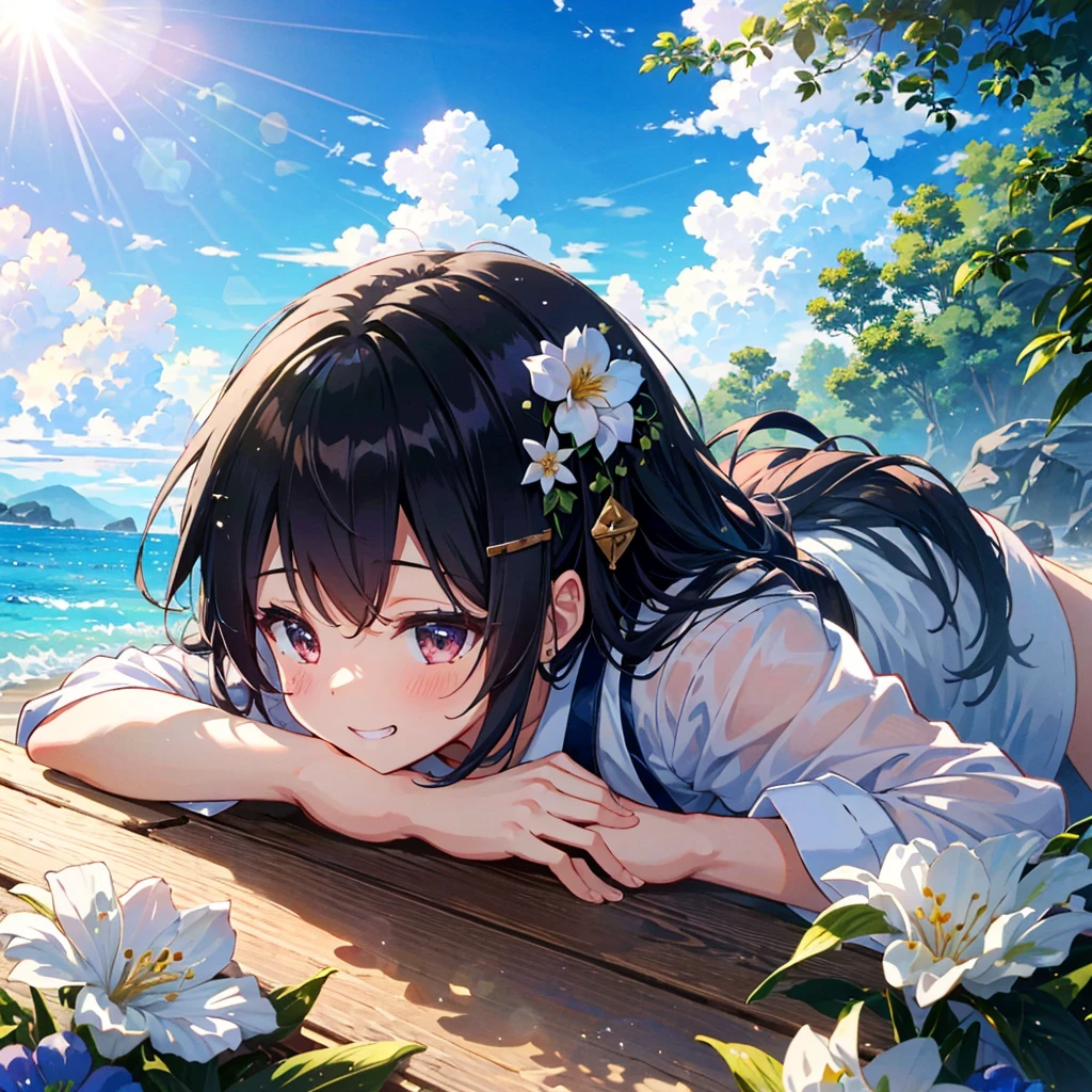 Adopted, colorful, very aesthetic, absurdes, masterpiece, top quality, Temporary, very delicate, high fantasy theme, , bionde, long hair, small breasts, hair ornament, Outdoors, Refreshing, Tyndall phenomenon, Lens flare, Movie shadow, Depth of field, Morning dew, Looking from the side, Cute, Wonderful, Beautiful, Dynamic angle, 1 girl, 7 , (Young: 2.0) , 独奏, grinning, beach, (比基尼), lots of flowers, hot, sunlight, Tyndall phenomenon,color々Perspective,