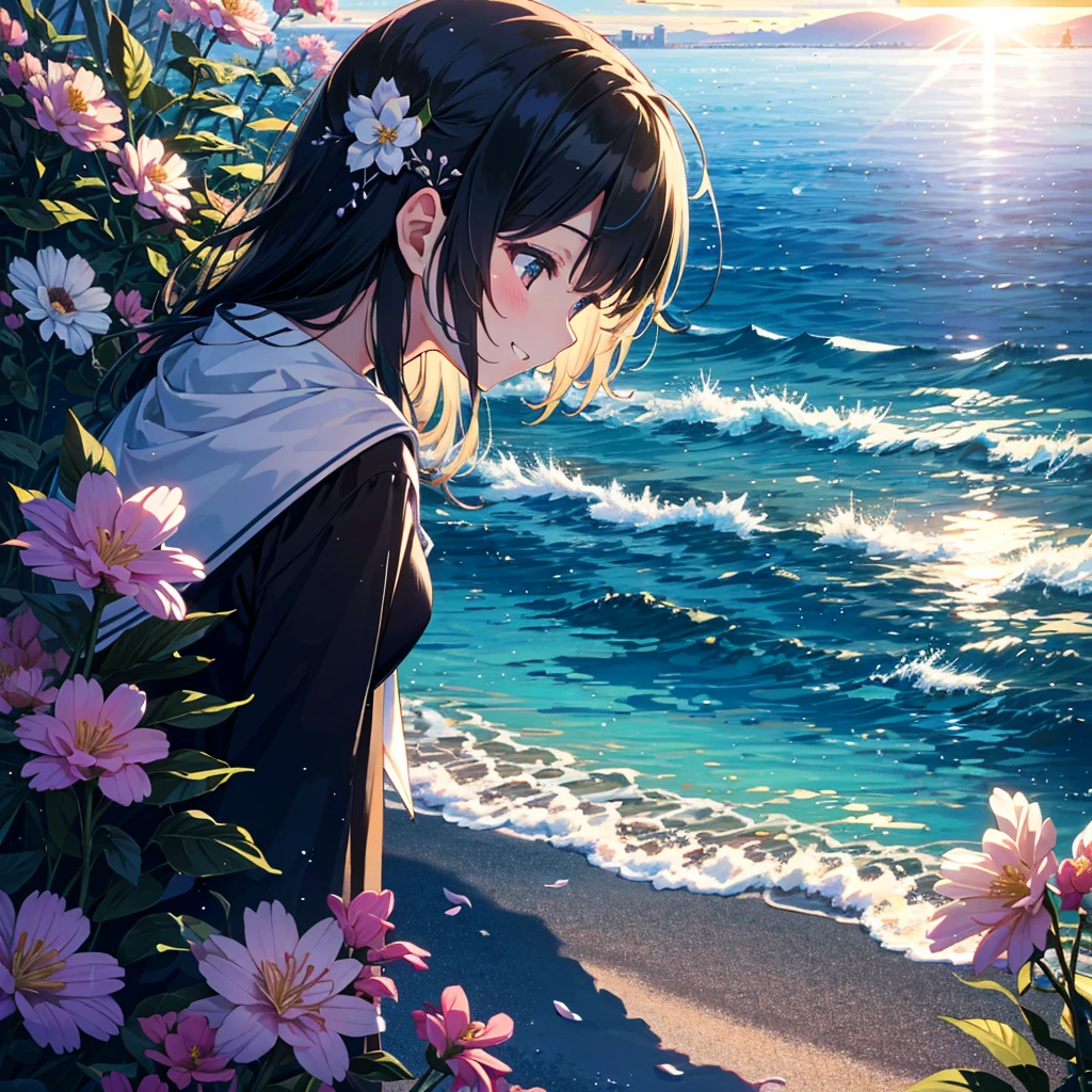 Adopted, colorful, very aesthetic, absurdes, masterpiece, top quality, Temporary, very delicate, high fantasy theme, , bionde, long hair, small breasts, hair ornament, Outdoors, Refreshing, Tyndall phenomenon, Lens flare, Movie shadow, Depth of field, Morning dew, Looking from the side, Cute, Wonderful, Beautiful, Dynamic angle, 1 girl, 7 years old, (Young: 2.0) , 独奏, grinning, beach, (比基尼), lots of flowers, hot, sunlight, Tyndall phenomenon,color々Perspective,