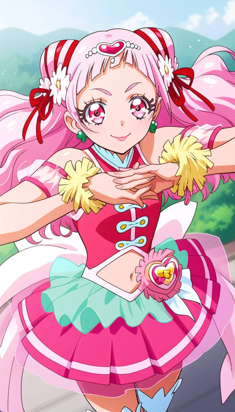 score_9, score_8_up, score_7_up, cure yell, flying, spread arms , stretching hands raise up,cowboy shot,from above,background sky, serious smile,glossy lips,looking above