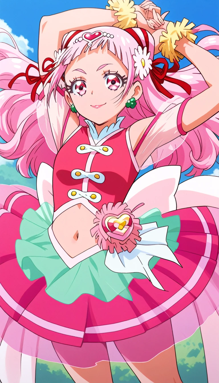 score_9, score_8_up, score_7_up, cure yell, flying, spread arms , stretching hands raise up,cowboy shot,from above,background sky, serious smile,glossy lips,looking above