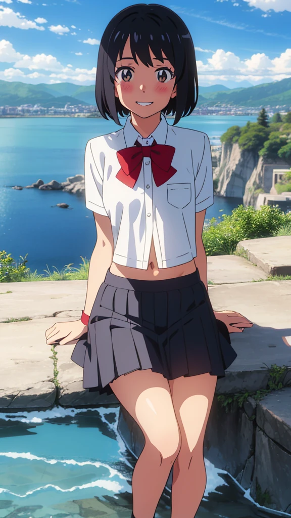 shinkai makoto, kimi no na wa., 1girl, bangs, black hair, blush, expressive eyes, brown eyes, perfect face, looking at the viewer, school outfit, white shirt, exposed navel, red headband, red ribbon, red bow, bare shoulders, black skirt, short hair, solo, outdoors, shinny skin, smile, cute, grin, cloudy, blue sky, mountains, rocks, sitting, (masterpiece), best quality