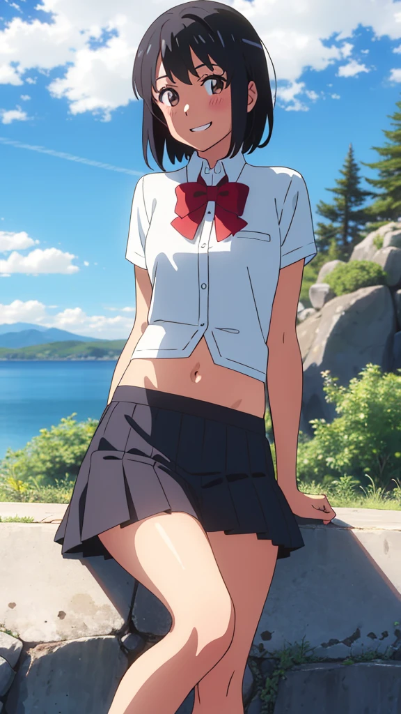 shinkai makoto, kimi no na wa., 1girl, bangs, black hair, blush, expressive eyes, brown eyes, perfect face, looking at the viewer, school outfit, white shirt, exposed navel, red headband, red ribbon, red bow, bare shoulders, black skirt, short hair, solo, outdoors, shinny skin, smile, cute, grin, cloudy, blue sky, mountains, rocks, sitting, (masterpiece), best quality