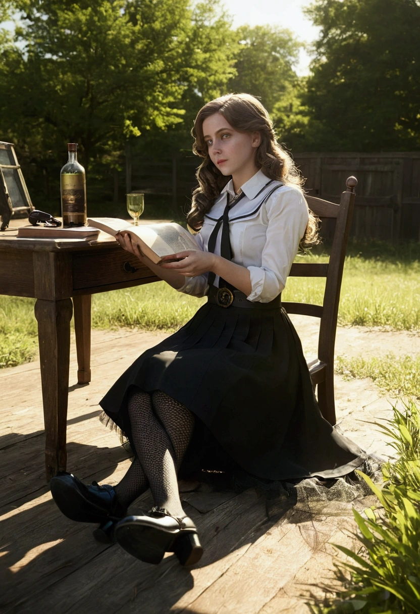 (masterpiece, best quality:1.3)
BioshockBurialElizabeth, 1girl, solo, long hair, sitting, collared shirt, belt, outdoors, black skirt, black footwear, book, chair, table, crossed legs, bottle, fishnets, desk, fishnet pantyhose,  sun shiny day 