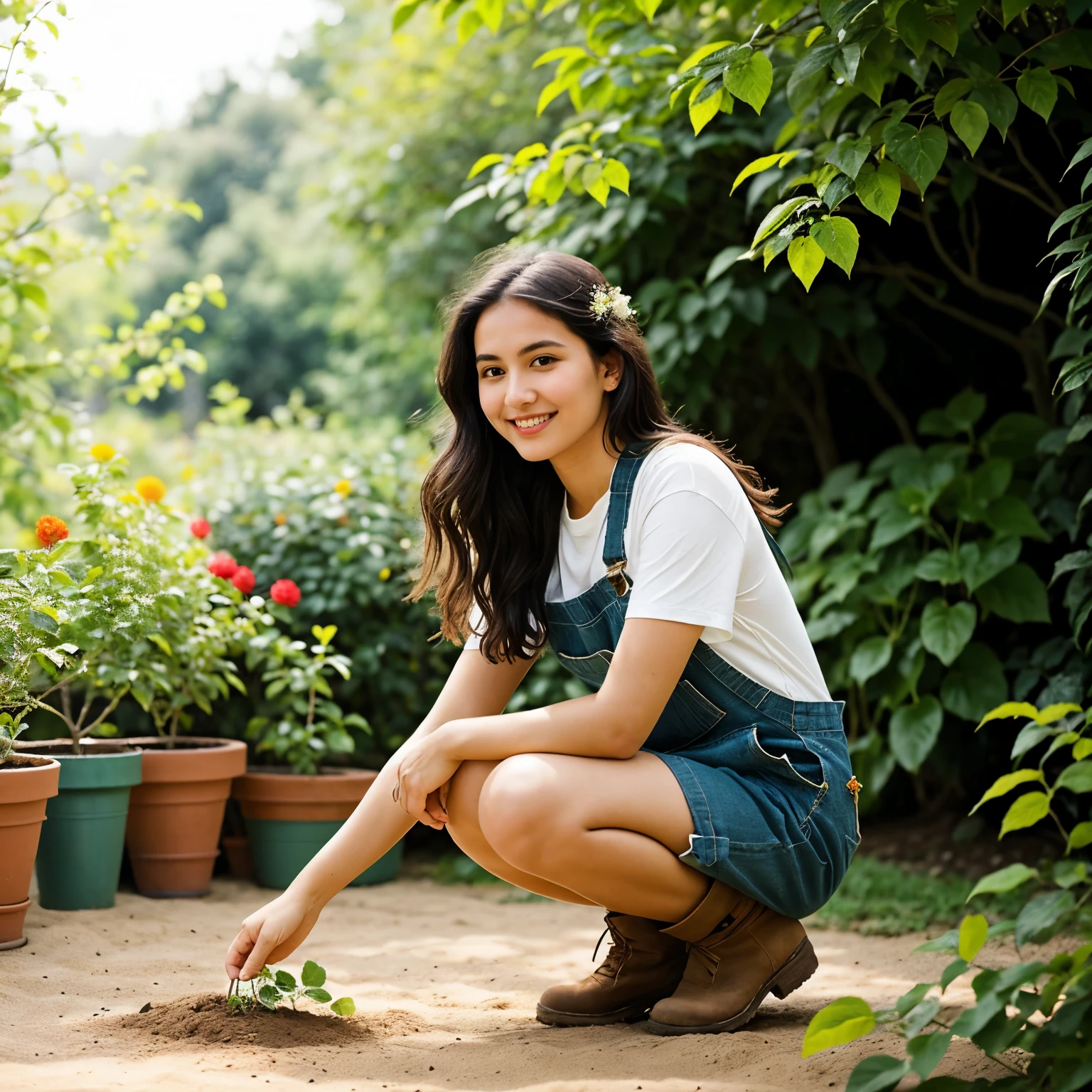 ((best quality)), ((masterpiece)), (detailed), A young latin woman, dark wavy hair, slender body type, flawed skin, Imagine a bright, sun-kissed morning where the world feels alive with possibilities. The sky is a brilliant canvas of blue, with fluffy white clouds drifting lazily. In the heart of a flourishing garden, a young woman stands, ready to embrace the day. She wears a pair of olive green overalls, their sturdy fabric slightly faded from many joyful days spent tending to her plants. Underneath, a snug, short-sleeved striped tee in crisp white and sunny yellow peeks out, adding a touch of playful charm to her ensemble.
Her feet are snugly tucked into weathered gardening boots, caked with the memory of many seasons past. Each step she takes leaves a trail of soft imprints in the damp earth. The air is fragrant with the mingling scents of blooming flowers and fresh soil, a symphony of nature’s perfume.
Her hands, though small and delicate, show the marks of a true gardener—soil under her nails and a few tiny scratches from thorns, badges of her dedication and love for her green companions. She moves gracefully, each motion deliberate and tender, as she tends to her plants with the utmost care. The olive green of her overalls blends harmoniously with the lush surroundings, while the white and yellow stripes of her tee reflect the light, making her a beacon of joy and energy amidst the greenery. As she kneels to plant a new sapling, a gentle breeze ruffles her hair, carrying with it the soft hum of bees and the chirping of distant birds. Her face is serene, eyes sparkling with a quiet satisfaction, knowing that she is part of something bigger—a cycle of growth and renewal. This is her sanctuary, her canvas, where every leaf and petal tells a story of patience, hope, and the endless beauty of nature. In this moment, the young woman is not just a gardener; she is a nurturer of life, a steward of the earth, dressed in the colors of the garden she so dearly loves.