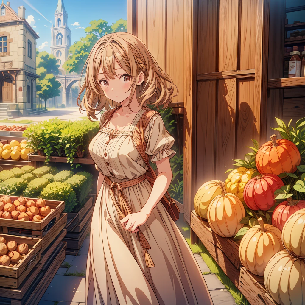 1girl,(anime coloring:1.2), best quality, looking at viewer, short wavy hair, chestnut hair, feminine,(solid Maxi dress), (Light brown color Short sleeve Maxi dress:1.3),Medieval Europe,Ancient Village,Vegetable stall,((Fantasy)),900s AD,lively square,
