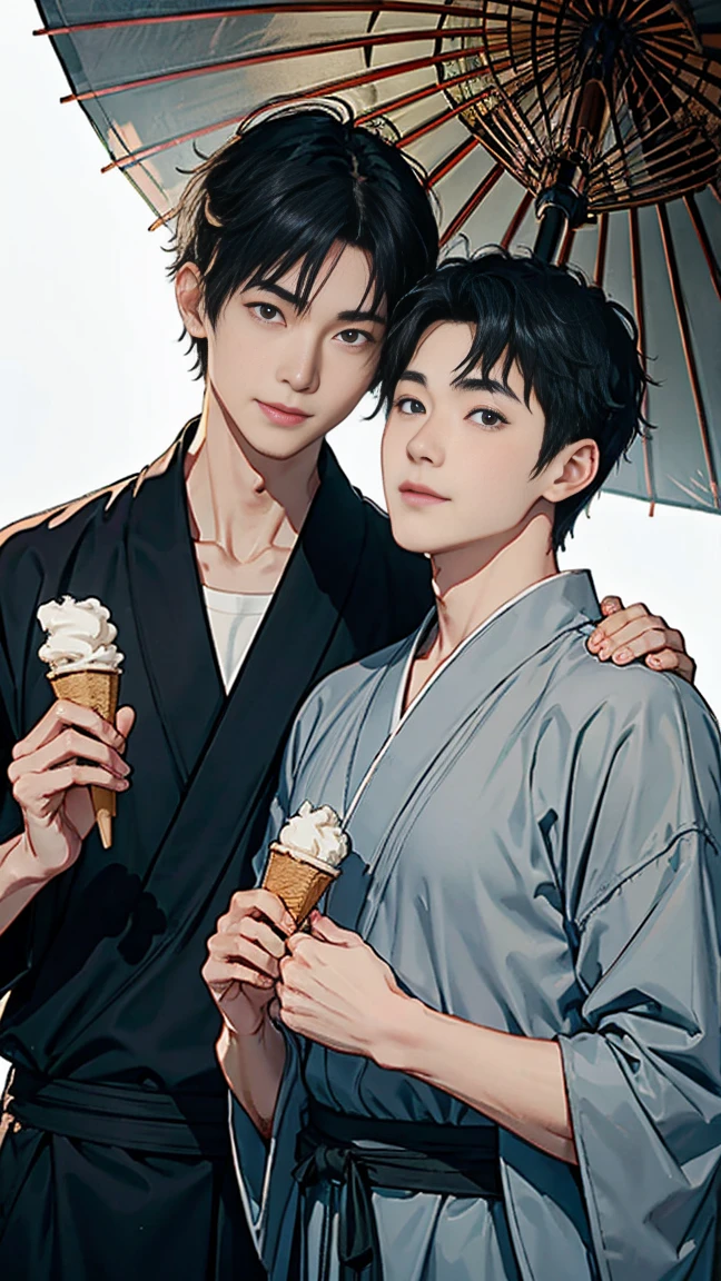 Japanese men、Black Hair、Short Hair、handsome man、30 years old、Handsome、Height: 180 cm、Wearing a gray yukata、Holding an ice lolly in his hand。Smiling and laughing、Two on the cheek、There are three drops of sweat、Eyes on the ice、Mouth open to eat ice cream、Extinguish the umbrella、Draw the eyes delicately、