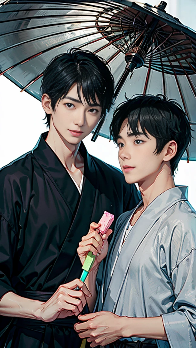 Japanese men、Black Hair、Short Hair、handsome man、30 years old、Handsome、Height: 180 cm、Wearing a gray yukata、Holding an ice lolly in his hand。Smiling and laughing、Two on the cheek、There are three drops of sweat、Eyes on the ice、Mouth open to eat ice cream、Extinguish the umbrella、Draw the eyes delicately、