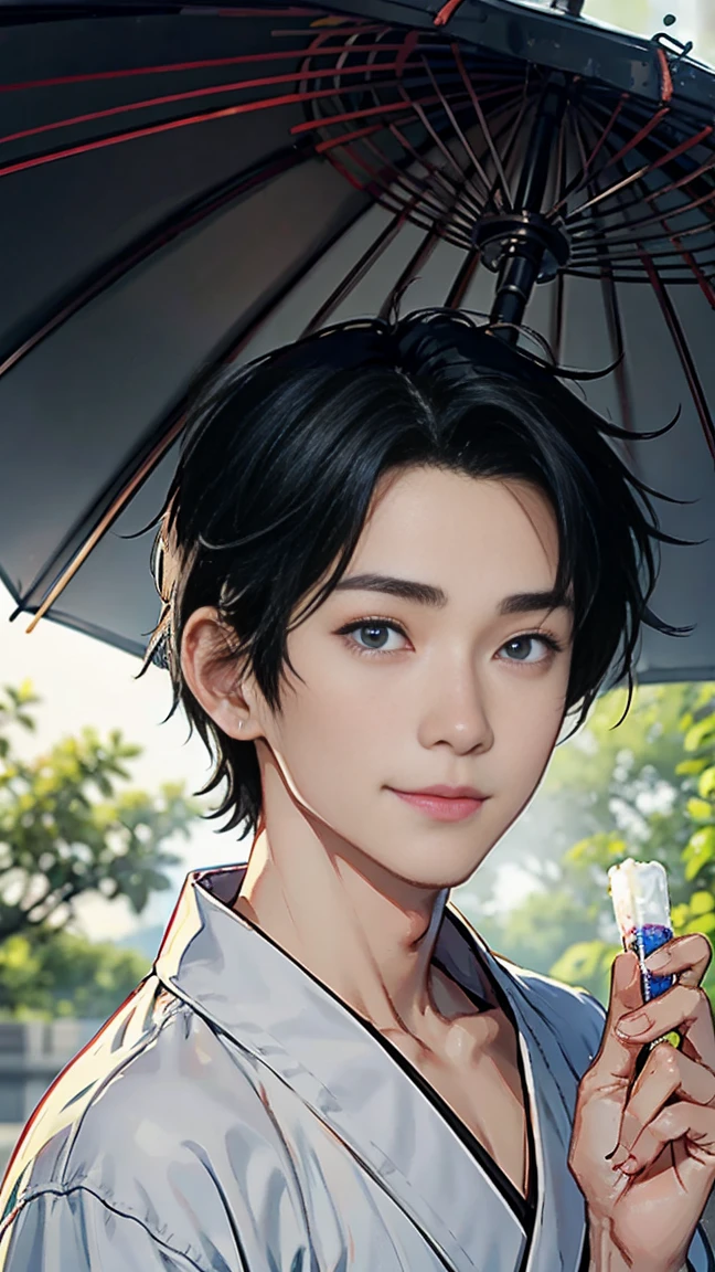 Japanese men、Black Hair、Short Hair、handsome man、30 years old、Handsome、Height: 180 cm、Wearing a gray yukata、Holding an ice lolly in his hand。Smiling and laughing、Two on the cheek、There are three drops of sweat、Eyes on the ice、Mouth open to eat ice cream、Extinguish the umbrella、Draw the eyes delicately、