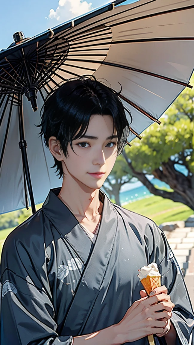 Japanese men、Black Hair、Short Hair、handsome man、30 years old、Handsome、Height: 180 cm、Wearing a gray yukata、Holding an ice lolly in his hand。Smiling and laughing、Two on the cheek、There are three drops of sweat、Eyes on the ice、Mouth open to eat ice cream、Extinguish the umbrella、Draw the eyes delicately、