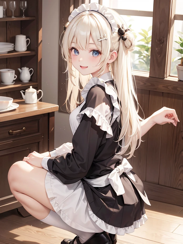 1 girl、As an adult、smile、shirt、skirt、apron、hair ornaments、Cream colored hair、Fairy、Maid、Maidコスチューム、（Small breasts）、Wind、Squat、