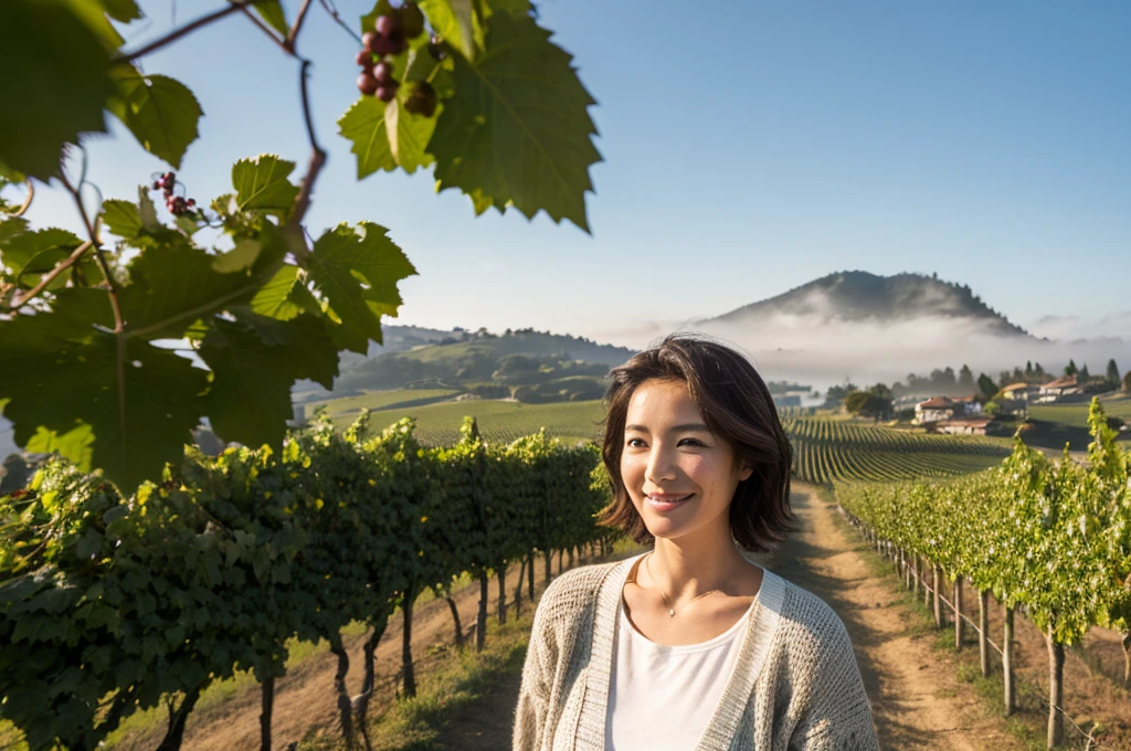 8k best picture quality, Beautiful 36-year-old Korean woman, northern italy countryside dawn, View of the cathedral next to the vineyards, The back background is realistic and vivid quality., short medium hair, A high-quality white T-shirt that covers the chest and a short cardigan, Wear casual pants, Smile slightly. the background is clear, looking up at the front camera. Standing on a hill on a trail and looking at a foggy vineyard, Dress modestly, There is a thick fog in the early morning.