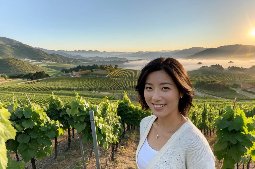 8k best picture quality, Beautiful 36-year-old Korean woman, northern italy countryside dawn, View of the cathedral next to the vineyards, The back background is realistic and vivid quality., short medium hair, A high-quality white T-shirt that covers the chest and a short cardigan, Wear casual pants, Smile slightly. the background is clear, looking up at the front camera. Standing on a hill on a trail and looking at a foggy vineyard, Dress modestly, There is a thick fog in the early morning.