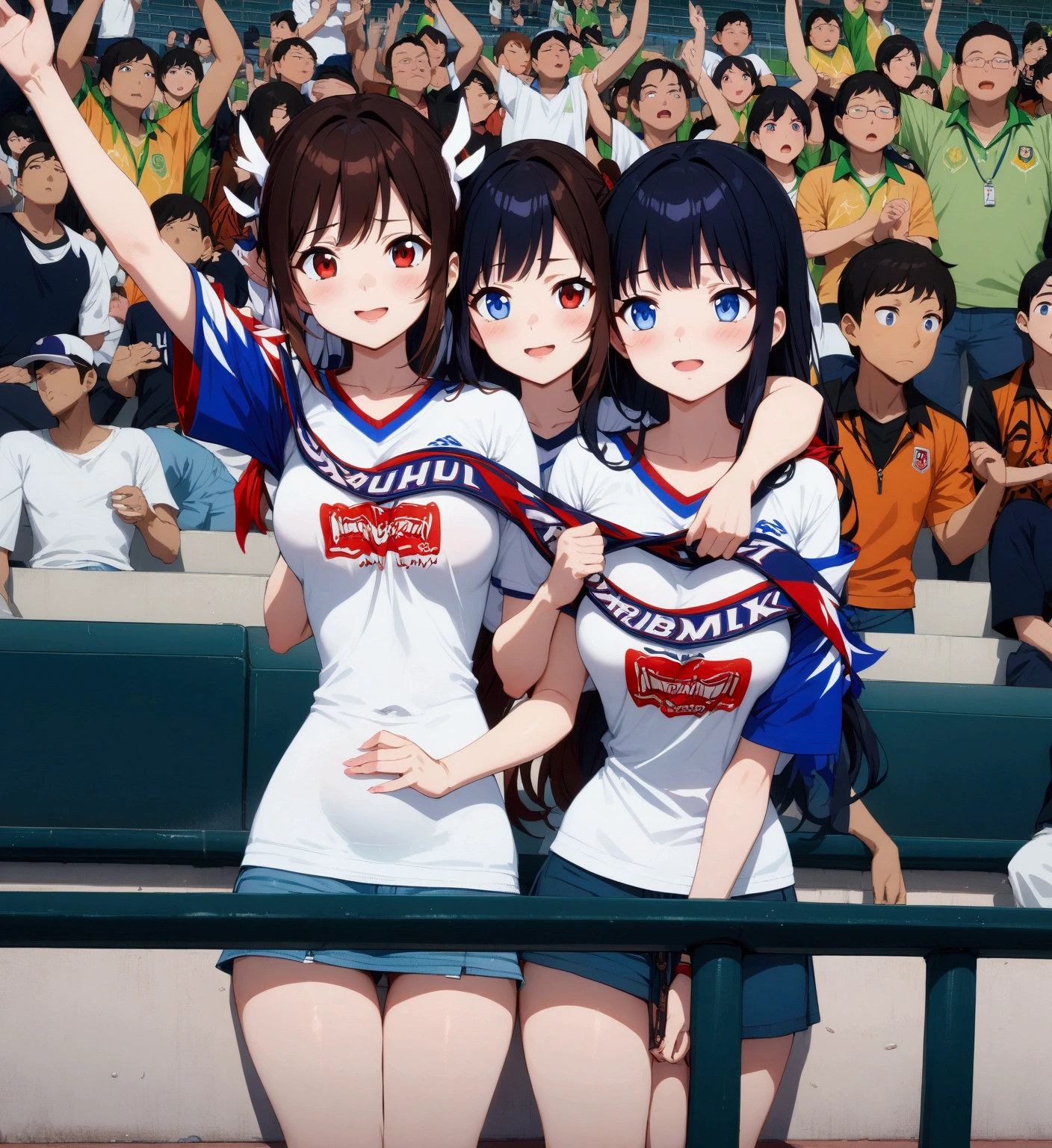 couple soccer fans together on stadium, (1girl, 1boy), (masterpiece, best quality, Japanese anime style)