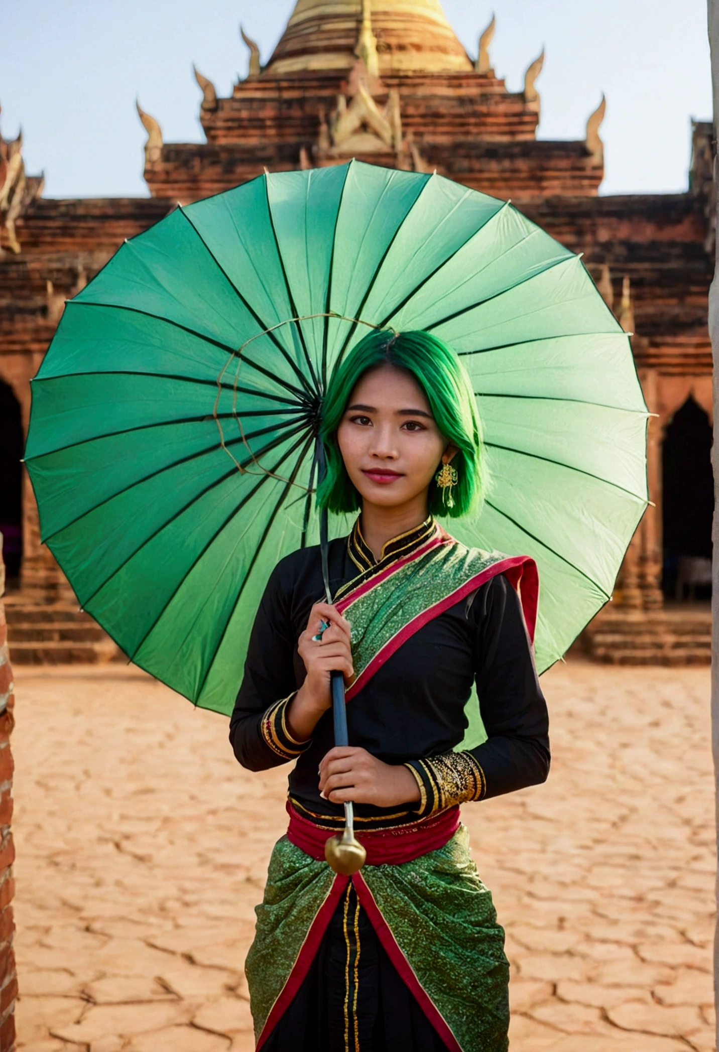 21yo girl, green hair,Old city of Bagan, background,She is wearing Myanmar Traditional outfit.longyi, slippersand hold Pathein umbrella.
