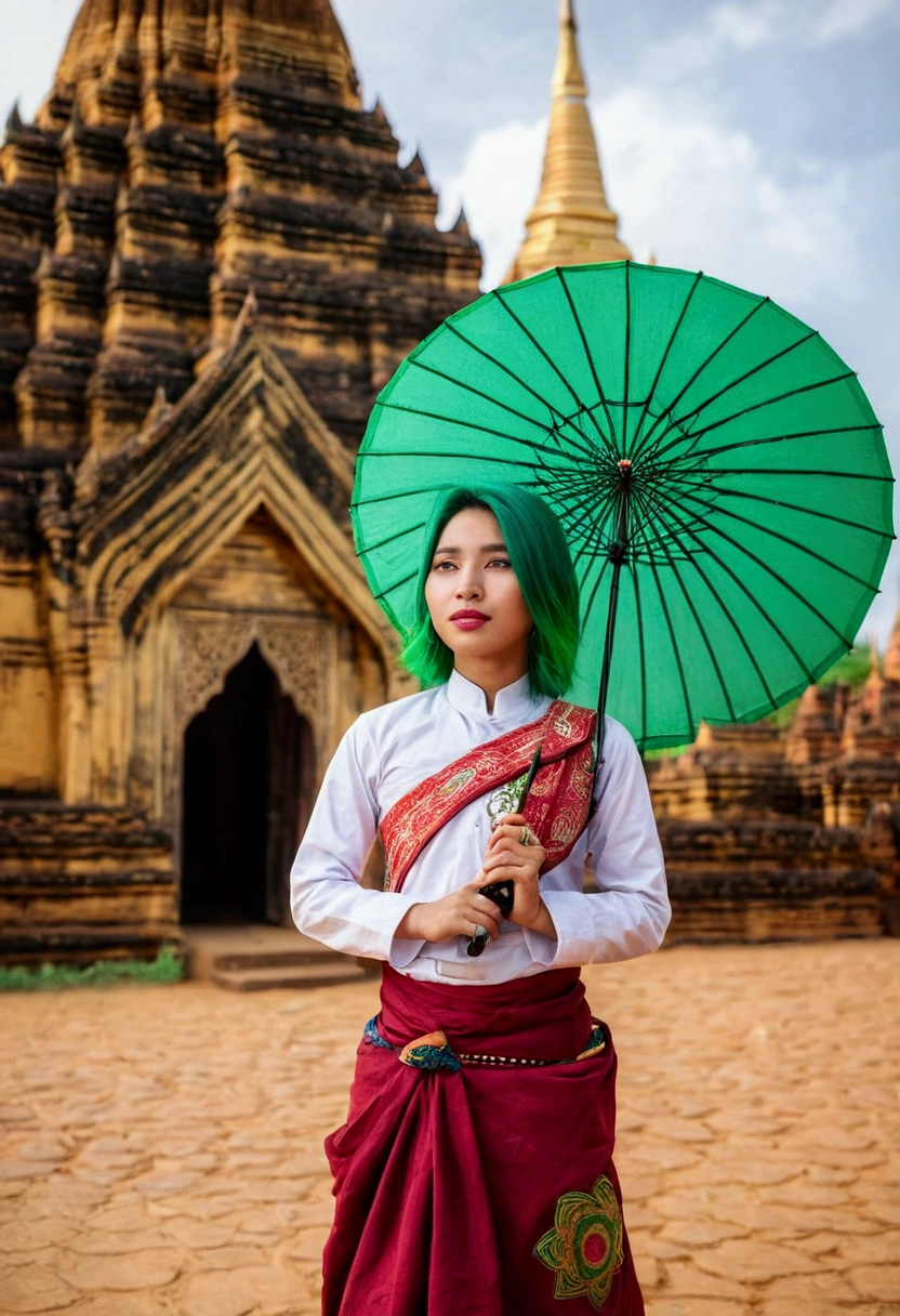 21yo girl, green hair,Old city of Bagan, background,She is wearing Myanmar Traditional outfit.longyi, slippersand hold Pathein umbrella.