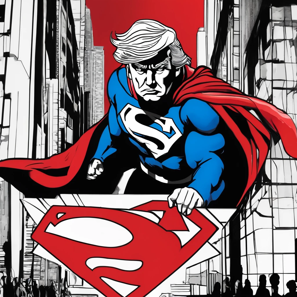 I want a stoic red and blue Donald trump art with black and white background. The image should focus on the Donald Trump Superman costume. full-length with walls or buildings in the background..