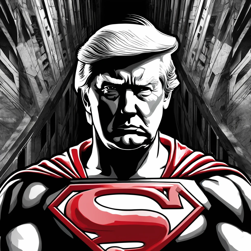 I want a stoic red and blue Donald trump art with black and white background. The image should focus on the Donald Trump Superman costume. full-length with walls or buildings in the background..