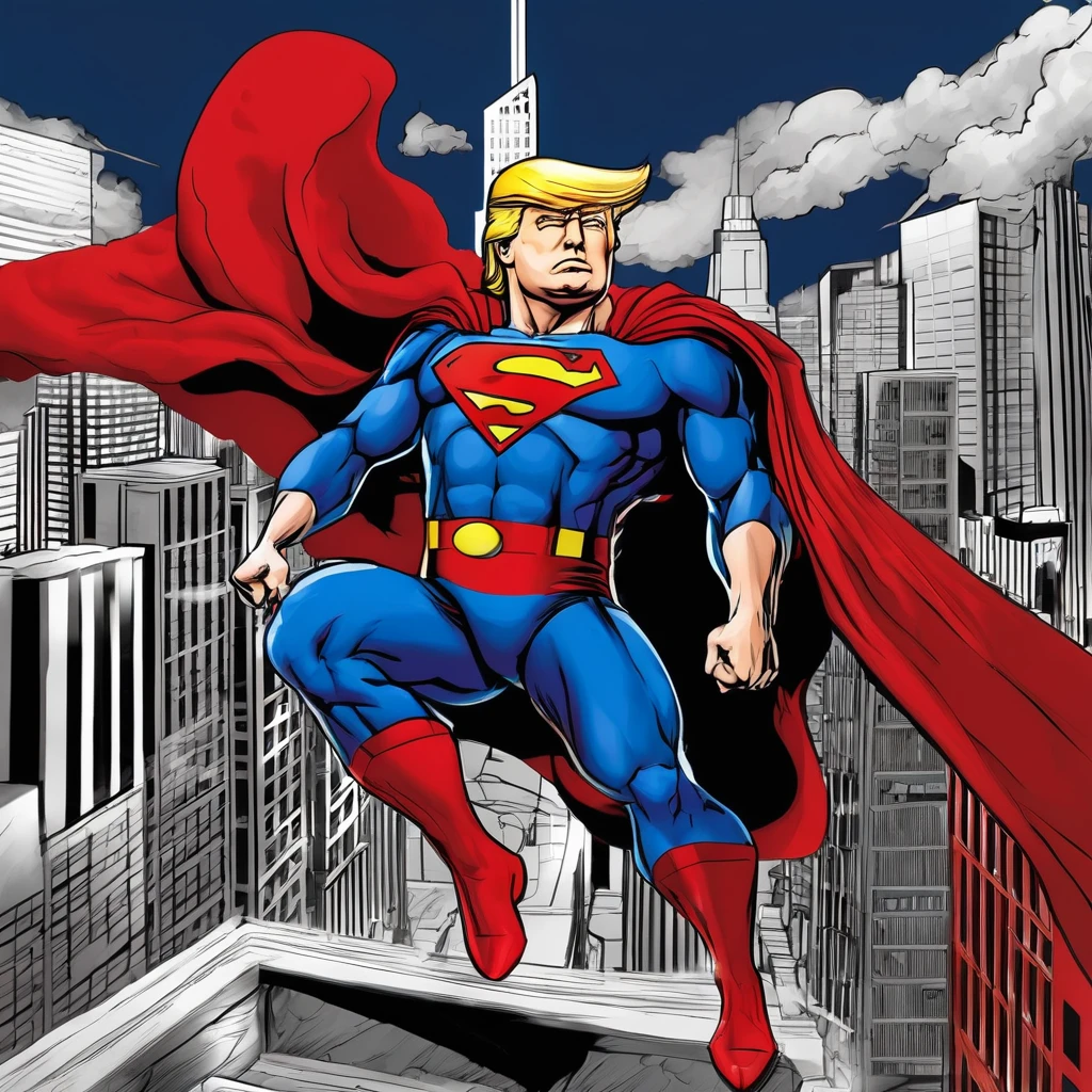 I want a stoic red and blue Donald trump art with black and white background. The image should focus on the Donald Trump Superman costume. full-length with walls or buildings in the background..