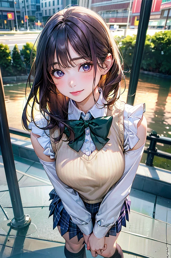 1young girls, (extremely detailed beautiful face), Smile happily, (Best Quality:1.4), (Ultra-detailed), (extremely detailed CG unified 8k wallpaper), Highly detailed, High-definition raw color photos, Professional Photography, Realistic portrait, Cinematic Light, ((twintails)), Bangs, (High School Uniform, Pleated mini-skirt:1.3), smile, ((meadow, flower garden)), (lots of wildflowers:1.5), (view from below:1.4),