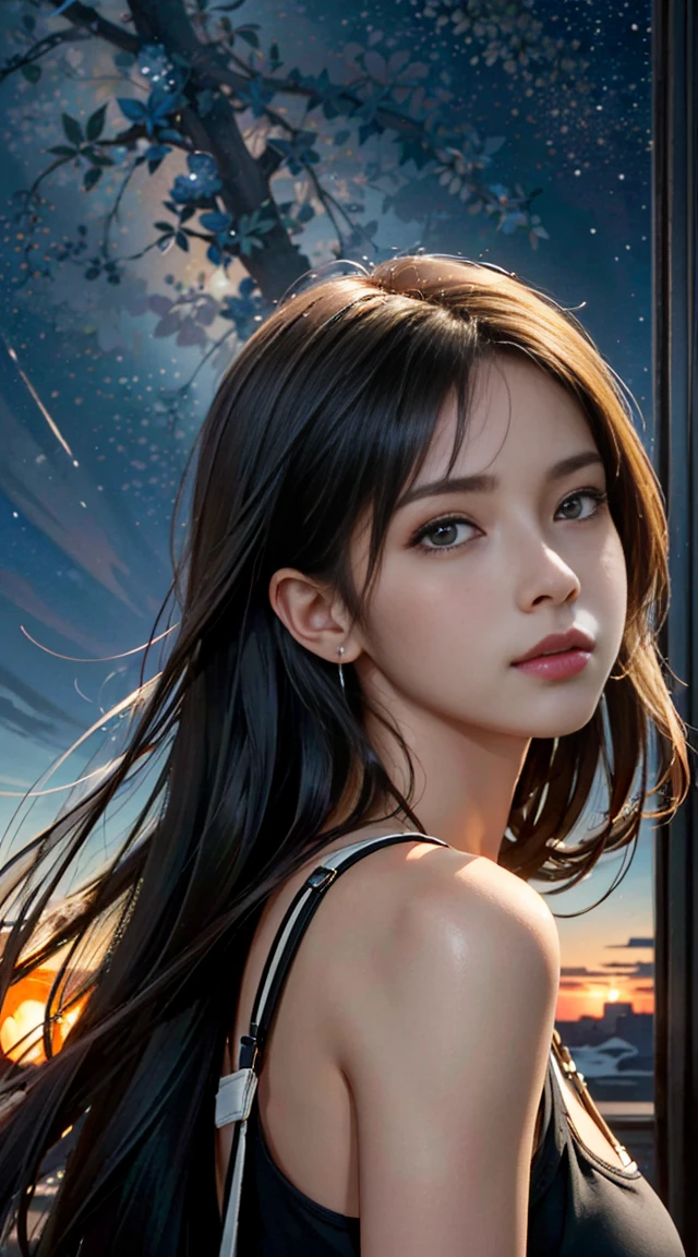 Art Station Trends, CGSociety Trends, Complex, Attention to detail, Sharp focus, dramatic, Starry Sky, Tifa Lockhart in Final Fantasy, Tifa&#39;s Original Costume Final Fantasy 7, Age 25, Mature Appearance, Along the way and realistic drawing art by Greg Rutkowski, sketch, Tabletop, Highest quality, Very detailed, 1 Female, Half Body, Head to Bust Image Scope, Portrait Goals, Close-up shot, White tank top and black leather skirt, Standing position, Beautiful and detailed eyes, Cute Face, bust, Big Boss, Beautiful and delicate features, Gray Hair, (Botanical illustration: 1.5), No exposure to pornography, Your breasts will get bigger,　(Browsing Caution:1.5)