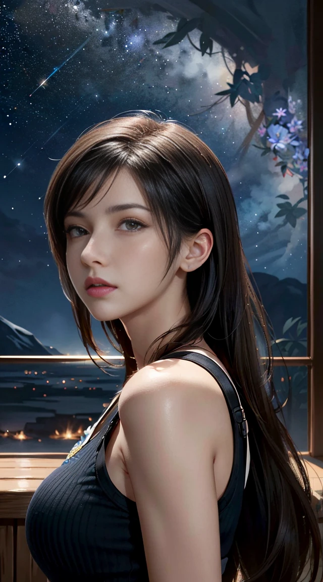 Art Station Trends, CGSociety Trends, Complex, Attention to detail, Sharp focus, dramatic, Starry Sky, Tifa Lockhart in Final Fantasy, Tifa's Original Costume Final Fantasy 7, Age 25, Mature Appearance, Along the way and realistic drawing art by Greg Rutkowski, sketch, Tabletop, Highest quality, Very detailed, 1 Female, Half Body, Head to Bust Image Scope, Portrait Goals, Close-up shot, White tank top and black leather skirt, Standing position, Beautiful and detailed eyes, Cute Face, bust, Big Boss, Beautiful and delicate features, Gray Hair, (Botanical illustration: 1.5), No exposure to pornography, Your breasts will get bigger, (Browsing Caution:1.5)