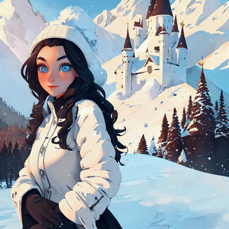 ((master piece)),best quality, illustration, dark, 1girl, In the wilderness,High mountain,Snow-capped mountains in the distance, castle, beautiful detailed eyes,  beautiful detailed hair,