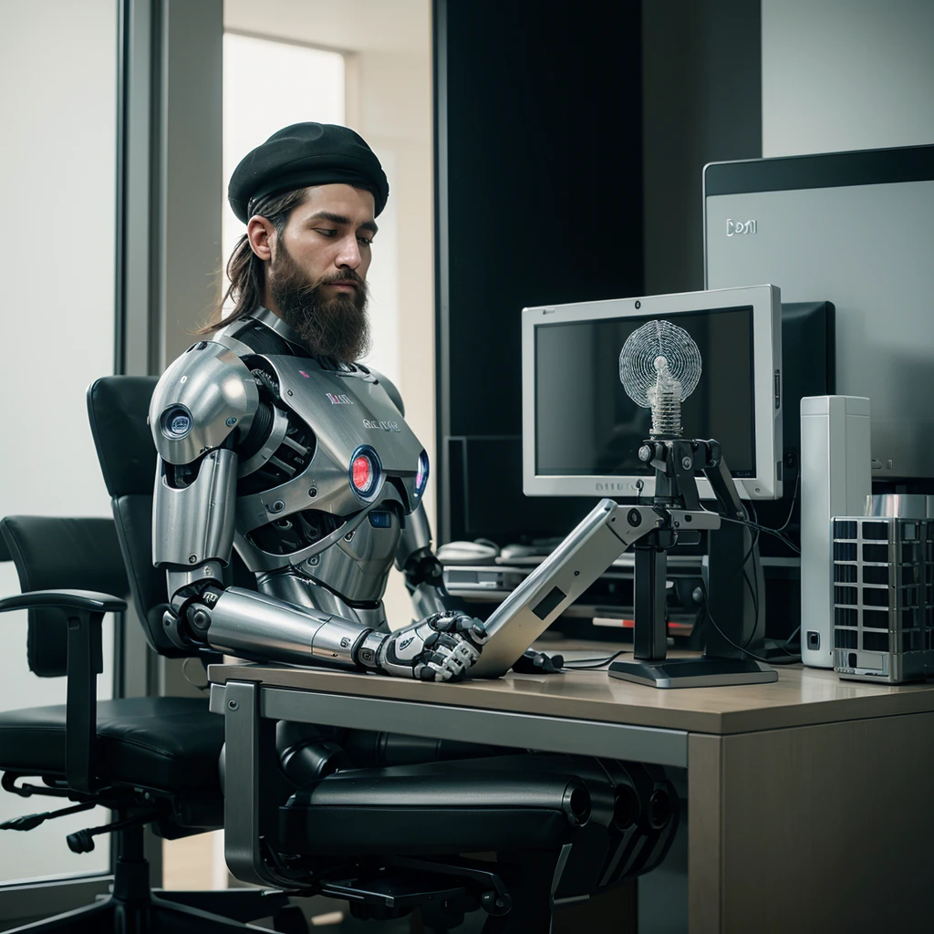 A beautiful robot with a body with a head, stomach, arms and legs, but of a robot that will look like a transparent machine. The entire body and head of the robot is made of molded plastic and wires and a few irons. The robot is standing next to the computer and finishes drawing a very beautiful picture with a brush on the computer screen, so that the computer screen basically becomes the robot's drawing board, the robot is already tired and yawning from exhaustion, on the side sits an ultra-Orthodox Jewish man with a short and impressive beard without a suit and without a hat with a black cap, the man Sitting on a fancy office chair, looking with pleasure and satisfaction at the robot, on the side of the computer table there are two used coffee cups and a third half-full cup, the man touches the third half-full cup with one hand, the image is realistic and creates an amazing optical sensation, and everything is inside a luxurious office