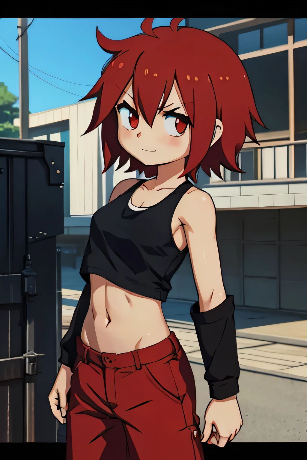 Anime Short red hair Boyish Small breasts Black tank top Navel-baring abs Girl Red long sleeves and pants