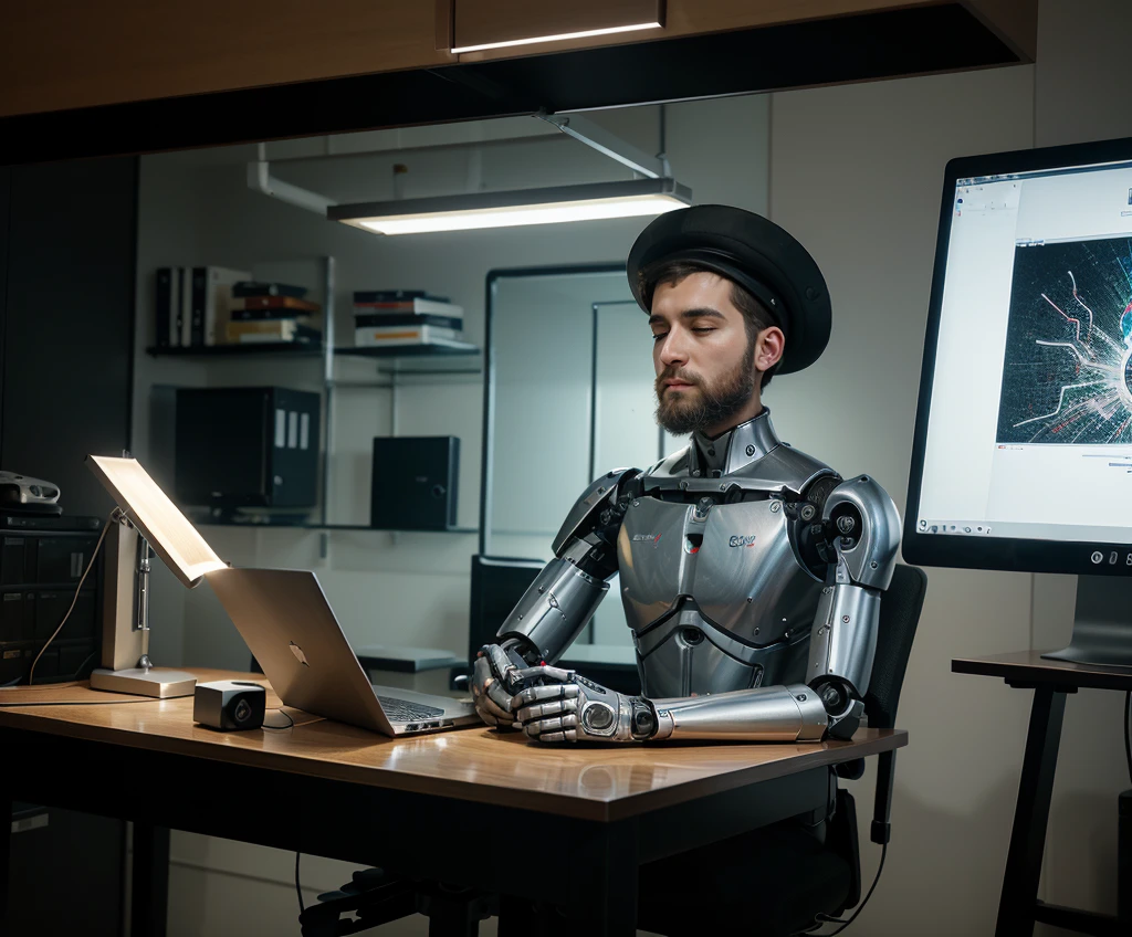 A beautiful robot with a body with a head, stomach, arms and legs, but of a robot that will look like a transparent machine. The entire body and head of the robot is made of molded plastic and wires and a few irons. The robot is standing next to the computer and finishes drawing a very beautiful picture with a brush on the computer screen, so that the computer screen basically becomes the robot's drawing board, the robot is already tired and yawning from exhaustion, on the side sits an ultra-Orthodox Jewish man with a short and impressive beard without a suit and without a hat with a black cap, the man Sitting on a fancy office chair, looking with pleasure and satisfaction at the robot, on the side of the computer table there are two used coffee cups and a third half-full cup, the man touches the third half-full cup with one hand, the image is realistic and creates an amazing optical sensation, and everything is inside a luxurious office