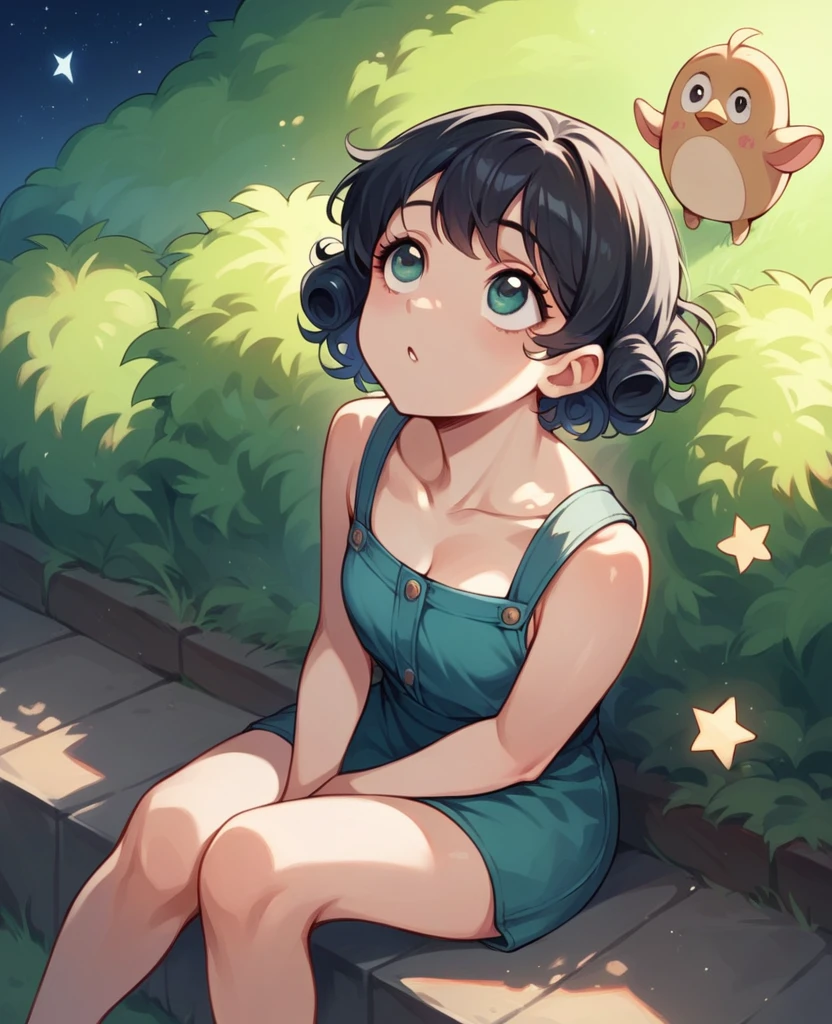 A cute girl with short curly black hair sitting next to a Chinese guy with black hair looking up at the night sky with thousands of stars around her super beautiful sitting in a park looking up at the beautiful dusk
