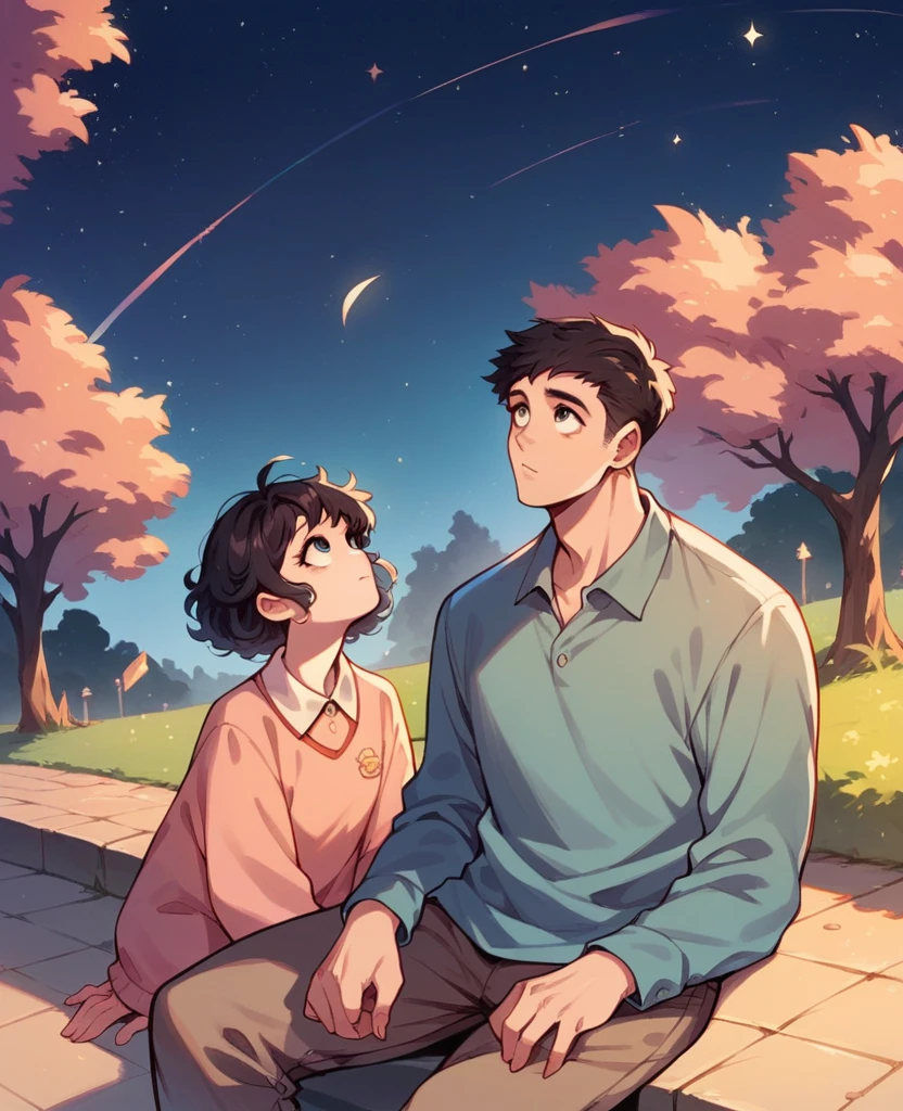 A cute girl with short curly black hair sitting next to a Chinese guy with black hair looking up at the night sky with thousands of stars around her super beautiful sitting in a park looking up at the beautiful dusk