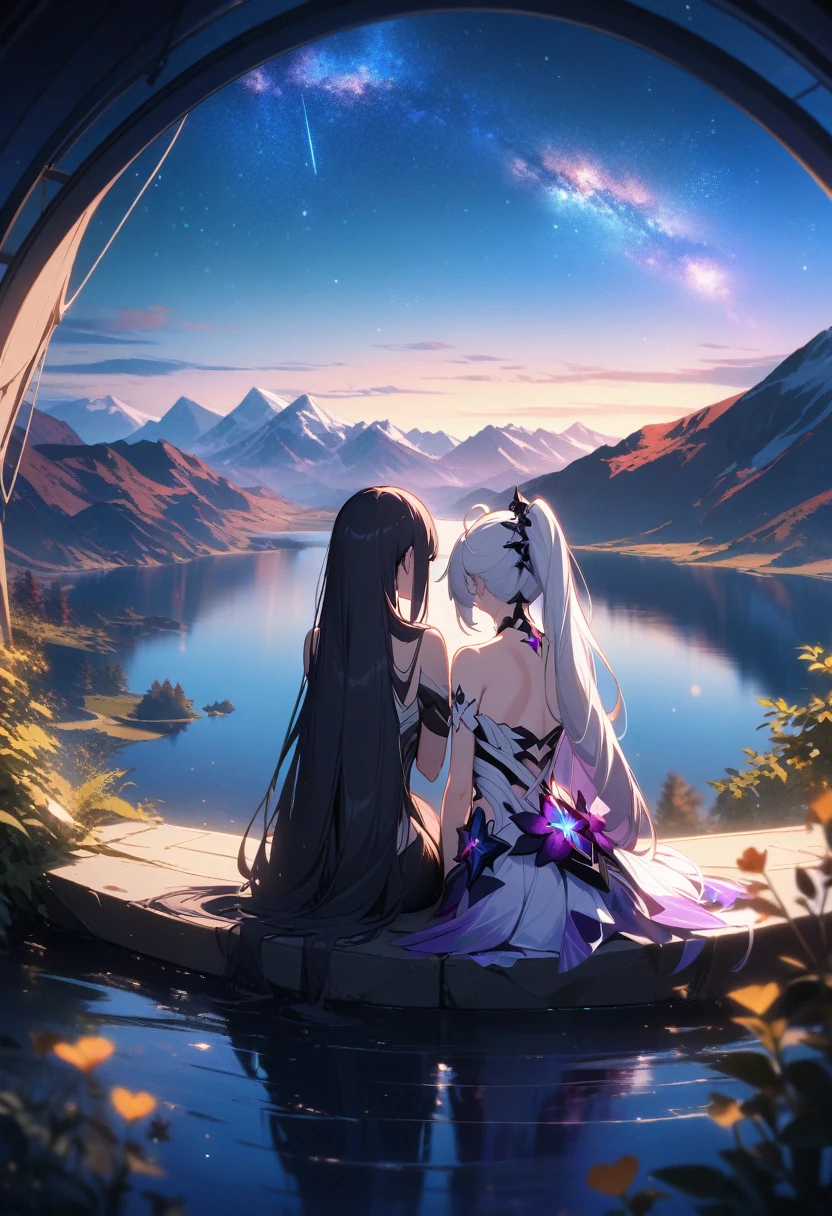 a beautiful detailed portrait of girls, Kiana Kaslana \(Herrscher of Finality)\ and Raiden Mei \(APHO)\, (Honkai Impact 3rd), very long hair, ponytail, kissing in a scenic landscape with mountains, a lake, and a starry nebula sky, romantic atmosphere, the girls sitting facing away from the camera, head resting on each other's shoulders, (best quality,4k,8k,highres,masterpiece:1.2),ultra-detailed, studio lighting, extremely detailed environment, vibrant colors, cinematic lighting