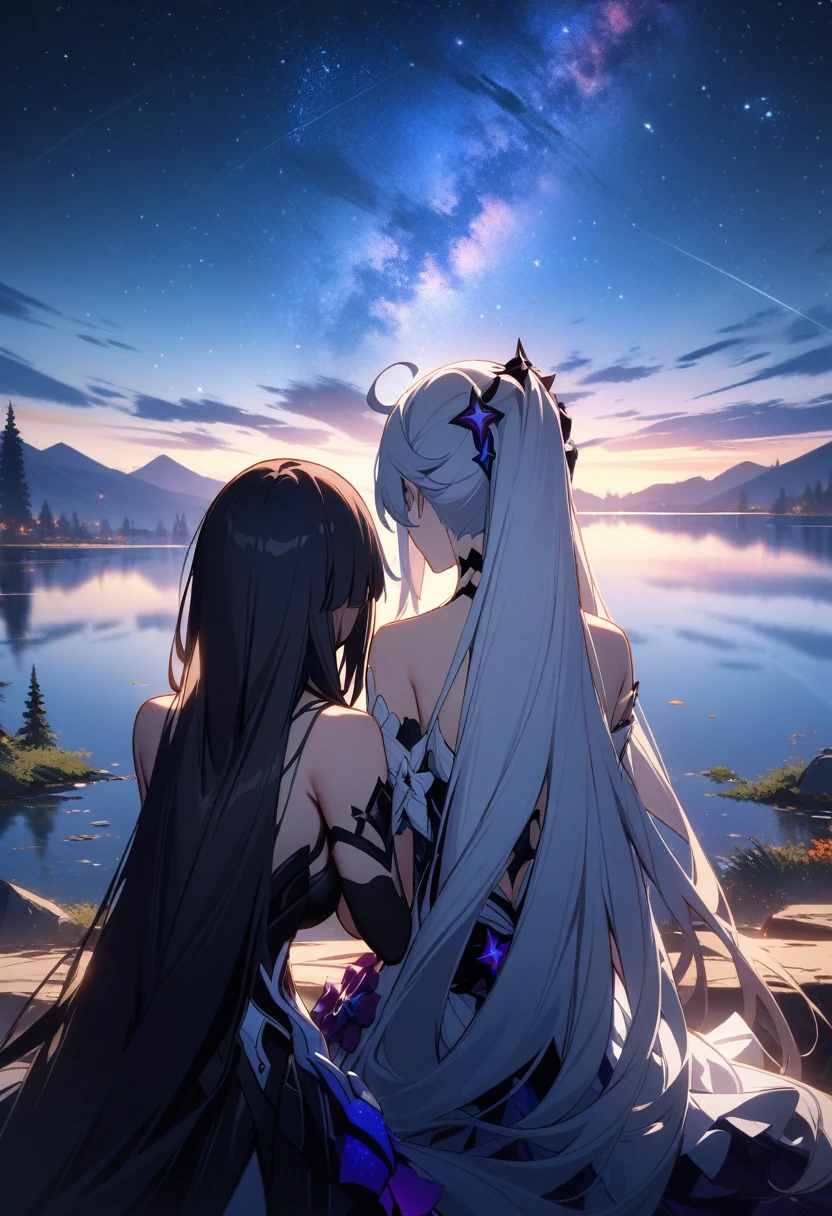 a beautiful detailed portrait of  girls, Kiana Kaslana \(Herrscher of Finality)\ and Raiden Mei \(APHO)\, (Honkai Impact 3rd), very long hair, ponytail, kissing in a scenic landscape with mountains, a lake, and a starry nebula sky, romantic atmosphere, the girls sitting facing away from the camera, head resting on each other's shoulders, (best quality,4k,8k,highres,masterpiece:1.2),ultra-detailed, studio lighting, extremely detailed environment, vibrant colors, cinematic lighting