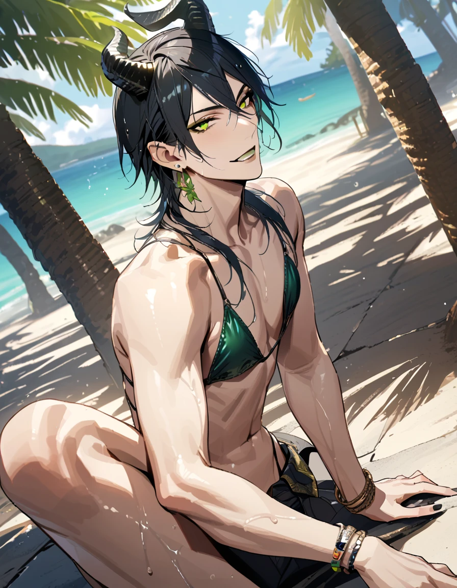 masterpiece, highres, absurdres, illustration, ((masterpiece:1.4, best quality)), (Ultra detailed background), 1boy, handsome man, highly detailed beautiful face and eyes, beautiful eyes, (sharp detail:1.3), shiny, earrings, bracelet, (wet bikini:1.3), Bari, Cebu Island, plumeria, near the beach, 1boy, sitting on floor, dynamic angle, full body, malleus draconia (twisted wonderland) horns, bishounen, boy, male, yana Toboso style, long hair, black hair, yellow green eyes, smile, gray lips, handsome, skinny, tall, yellow green glow,AddXL