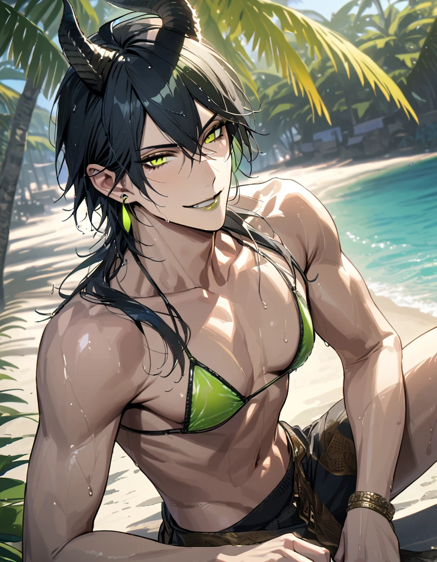 masterpiece, highres, absurdres, illustration, ((masterpiece:1.4, best quality)), (Ultra detailed background), 1boy, handsome man, highly detailed beautiful face and eyes, beautiful eyes, (sharp detail:1.3), shiny, earrings, bracelet, (wet bikini:1.3), Bari, Cebu Island, plumeria, near the beach, 1boy, sitting on floor, dynamic angle, full body, malleus draconia (twisted wonderland) horns, bishounen, boy, male, yana Toboso style, long hair, black hair, yellow green eyes, smile, gray lips, handsome, skinny, tall, yellow green glow,AddXL