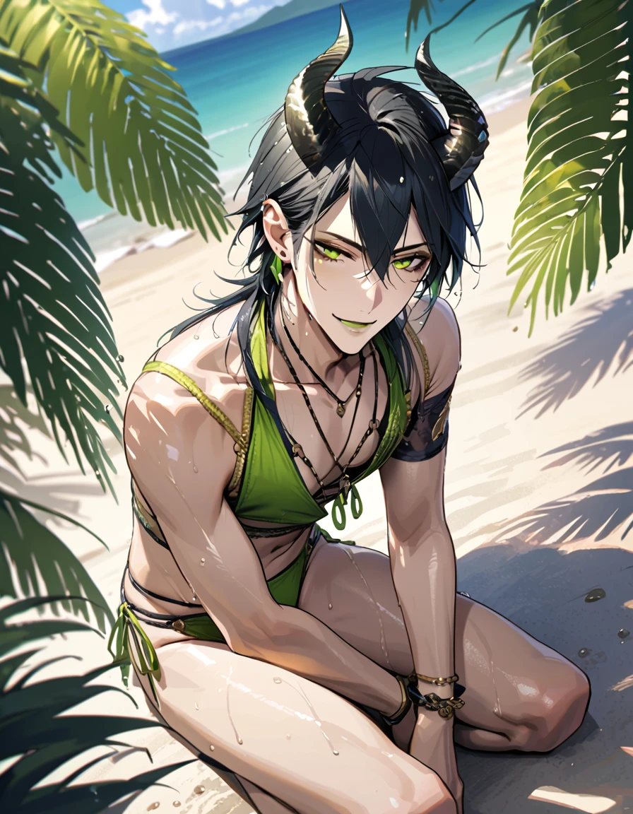 masterpiece, highres, absurdres, illustration, ((masterpiece:1.4, best quality)), (Ultra detailed background), 1boy, handsome man, highly detailed beautiful face and eyes, beautiful eyes, (sharp detail:1.3), shiny, earrings, bracelet, (wet bikini:1.3), Bari, Cebu Island, plumeria, near the beach, 1boy, sitting on floor, dynamic angle, full body, malleus draconia (twisted wonderland) horns, bishounen, boy, male, yana Toboso style, long hair, black hair, yellow green eyes, smile, gray lips, handsome, skinny, tall, yellow green glow,AddXL