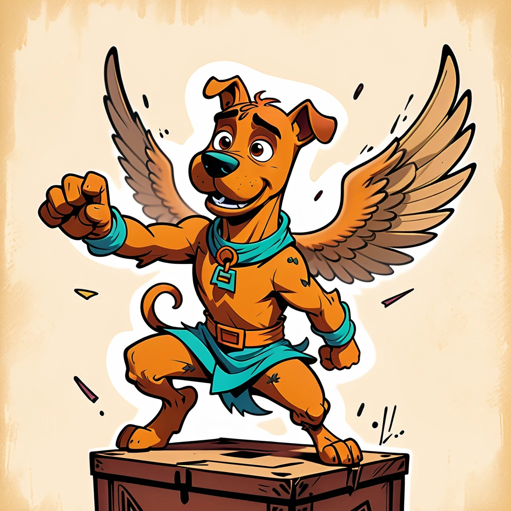 1960s design, vintage retro scrappy doo, screen grab Scooby Doo TV show, solid color design, 1960's Scooby Doo color style, expressive sketch bold ink lines, upright fists up to box, fighting stance, splash page comic, distinct scrappy doo design and iconic resemblance to the character scrappy doo, alone solo Scrappy Doo, flying, with wings, winged scrappy doo, ornate detailed feathers on wings, clearly scrappy doo, short small dog Scooby Doo distinct to original cartoon, scene is minimal, serene, perfect, strange, candid, cinematic, surreal, and timeless. The style is a mix of realism and cartoon, with 90s comic aesthetics, expressive ink work, cinematic compositions, and nuanced details. The style is reminiscent of Joelle Jones and 90's scooby doo animated tv show, scooby doo distinct art style,
