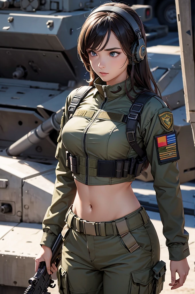 Woman in white holding a rifle and wearing headphones, 24 year old woman, young soldier, mechanized young soldier, Military Girl, beautiful female soldier, Female lead character, Military Girlราบ, Girl's sniper at war, solo female character, Future combat equipment, Half-body close-up, Woman wearing military bulletproof crop top, Show navel, Wear tactical equipment, Wear tactical armor., realistic navel shape