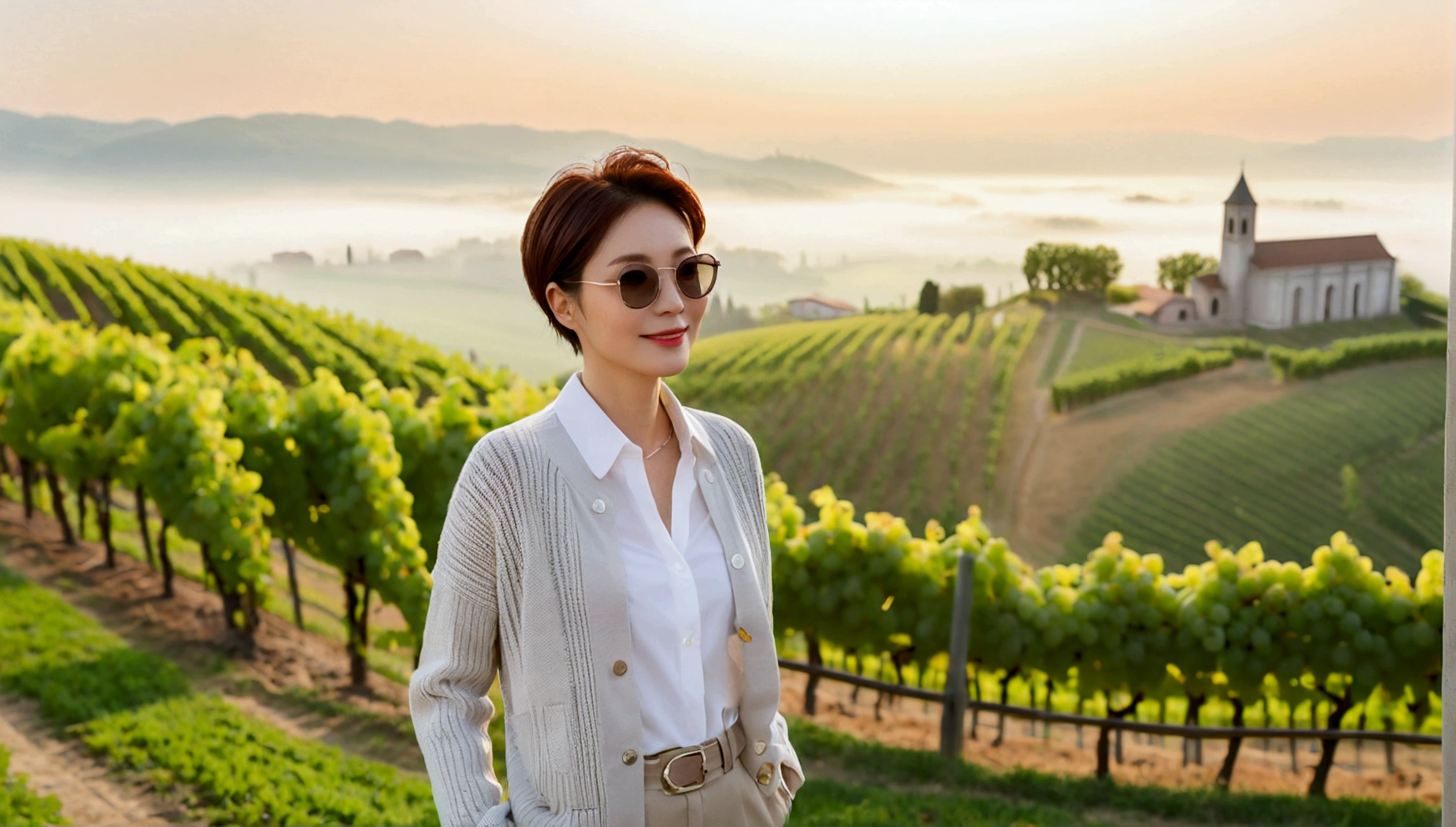 8k best picture quality, Beautiful 36-year-old Korean woman, Chest size 34 inches, northern italy countryside dawn, View of the cathedral next to the vineyards, The back background is realistic and vivid quality., Short hair, High-end luxury brand white shirt and cardigan, Wear casual pants, Smile slightly. the background is clear, It is spring, when grapes have not yet ripened. Standing on a hill on a curved path overlooking a vineyard covered in thick fog, Clear picture quality, Wear high-end luxury brand sunglasses, sunglasses with clear lines, Spring landscape without grapes, Well-groomed hair, Pretty and beautiful like a model
