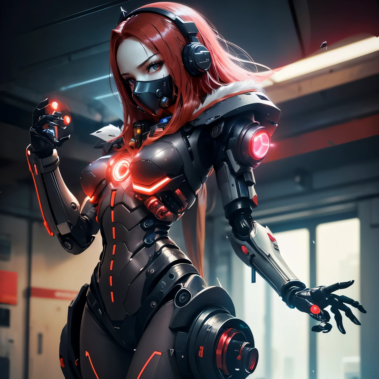 woman in futuristic suit holding red light, anime girl cyberpunk mech, Girl in fur cyber armor, cute cyborg girl, female anime girl cyberpunk, perfect Anime Cyborg woman, digital anime art in cyberpunk style, cyborg girl, anime girl cyberpunk, красивая cyborg girl, redhead woman in cyberpunk style, ideal cyborg woman, Cyber suit, Anime Cyborg, cyborg merchant girl