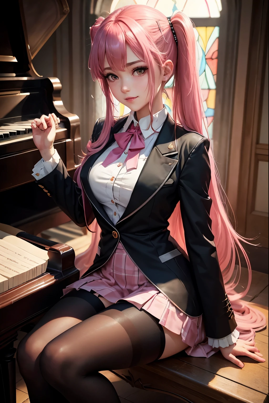 High school girl blazer、uniform、Red checked skirt、JK Style、Jacket、smile、Knee-high socks、Thigh-high socks、pantyhose、Very beautiful、very cute、Malaise、A rare beauty、Twin tail hair、Dark eyeshadow、Sad、Good skin radiance、Straight iron for long hair、Dark Gothic Makeup、暗いsmile、The beauty of fragrance、Stained Glass Background、masterpiece、Highest quality、View 5 books、Sweat glistening on my chest、Sweat glistening on the face、Small breast size、濃いPink Hair、age：22 years old、Slightly slim、play piano、sit and play an instrument、Piano available、Mysterious look、Sadな表情、Pink Hair、Mysterious Gothic Church、enchanting castle、Sweating profusely all over the body、A lot of sweat and light on the thighs、Shiny thighs、There&#39;s a lot of sweat shining on my thighs、Copious sweat glistens on the thighs、sweat profusely、Gal、Small breasts、The Face of Japan、Captivating look、thighs are a little thin、Above the knee skirt、
