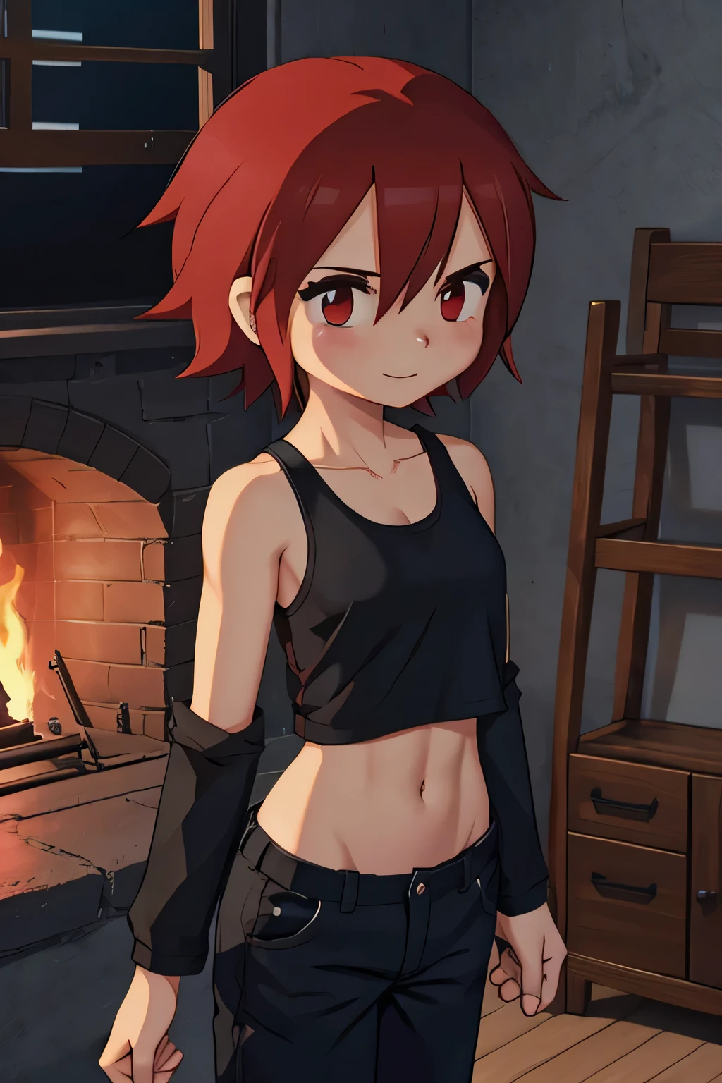 Anime Short red hair Boyish Small breasts Black tank top Navel-baring abs Girl Red long sleeves and pants