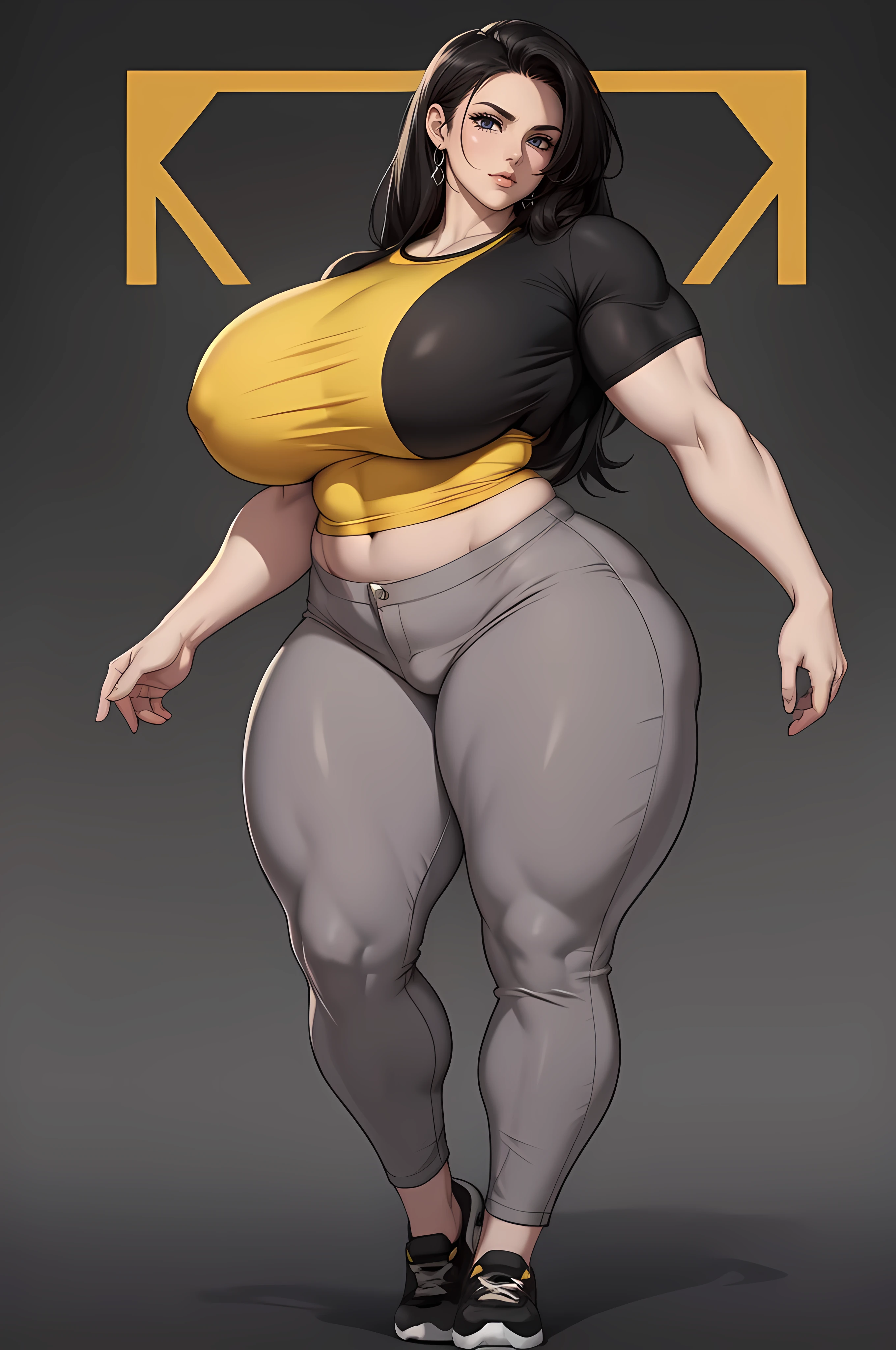 pale skin 1girl Massive Female Bodybuilder huge breasts thick thighs black hair yellow eyes bodybuilder (tight shirt and pants full body long hair grey background)