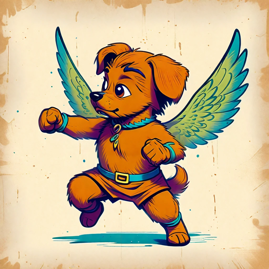 1960s design, vintage retro scrappy doo, screen grab Scooby Doo TV show, solid color design, 1960's Scooby Doo color style, expressive sketch bold ink lines, upright fists up to box, fighting stance, splash page comic, distinct scrappy doo design and iconic resemblance to the character scrappy doo, alone solo Scrappy Doo, flying, with wings, winged scrappy doo, ornate detailed feathers on wings, clearly scrappy doo, short small dog Scooby Doo distinct to original cartoon, scene is minimal, serene, perfect, strange, candid, cinematic, surreal, and timeless. The style is a mix of realism and cartoon, with 90s comic aesthetics, expressive ink work, cinematic compositions, and nuanced details. The style is reminiscent of Joelle Jones and 90's scooby doo animated tv show, scooby doo distinct art style,