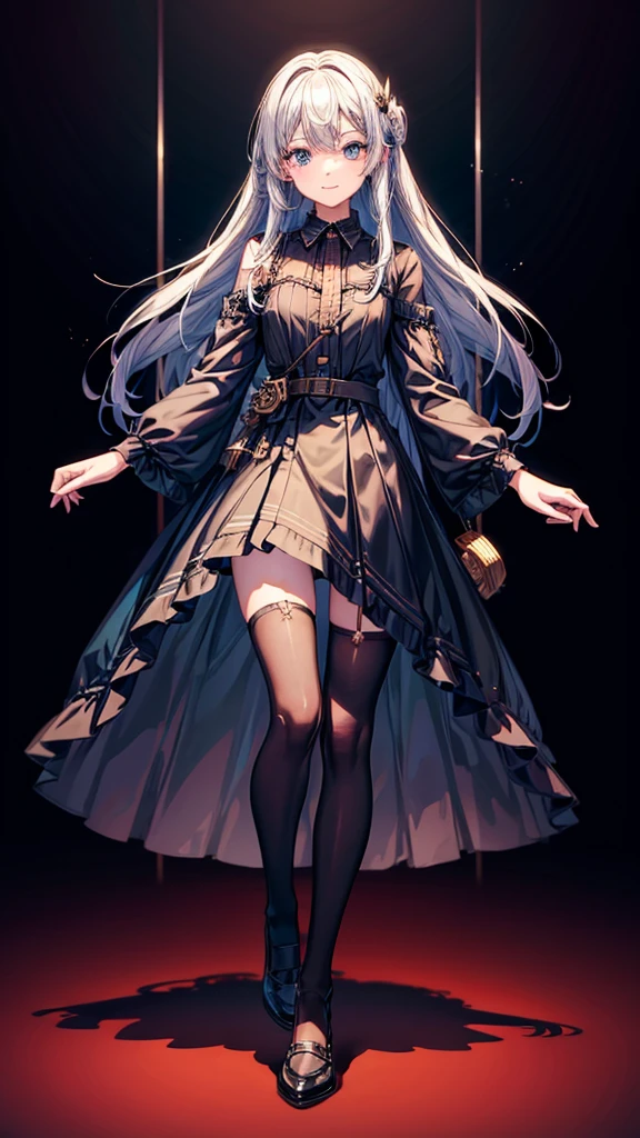 1 girl, high, I&#39;m embarrassed, room, 
wear, high dress, black stockings, brown shoes, barrette, bracelets, smile, Blue eyes, black eyes, stand, 
set of musical accessories. 
high quality, performance, anime style, 4K, Japanese appearance. 