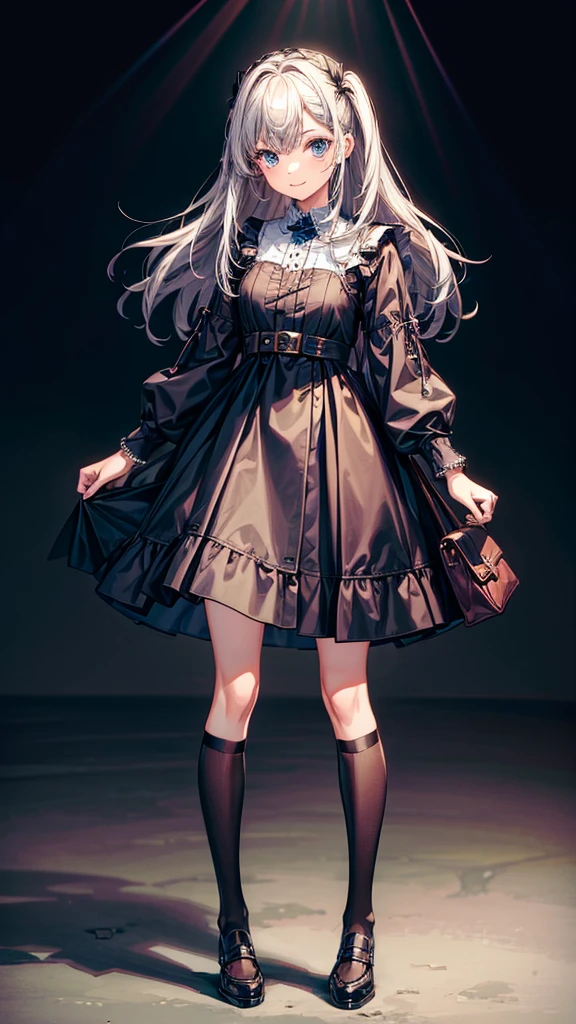 1 girl, high, I'm embarrassed, room,
wear, high dress, black stockings, brown shoes, barrette, bracelets, smile, Blue eyes, black eyes, stand,
set of musical accessories.
high quality, performance, anime style, 4K, Japanese appearance.