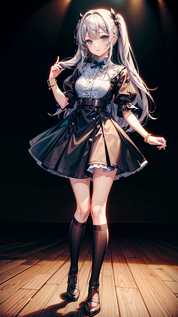 1 girl, high, I'm embarrassed, room,
wear, high dress, black stockings, brown shoes, barrette, bracelets, smile, Blue eyes, black eyes, stand,
set of musical accessories.
high quality, performance, anime style, 4K, Japanese appearance.