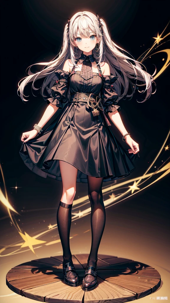1 girl, high, I'm embarrassed, room,
wear, high dress, black stockings, brown shoes, barrette, bracelets, smile, Blue eyes, black eyes, stand,
set of musical accessories.
high quality, performance, anime style, 4K, Japanese appearance.