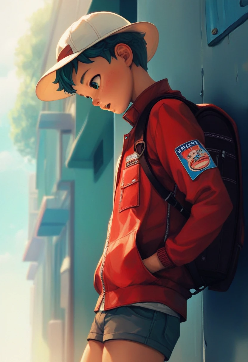 (((Masterpiece))), best quality, best quality, cowboy shot, perfect anatomy, realistic face, outdoors, sunny, warm sunlight, backlighting, dramatic lighting, painterly 1boy, (((shota))), wavy hair, solo, red jacket, three quarter view, cap, backpack, hand in pocket